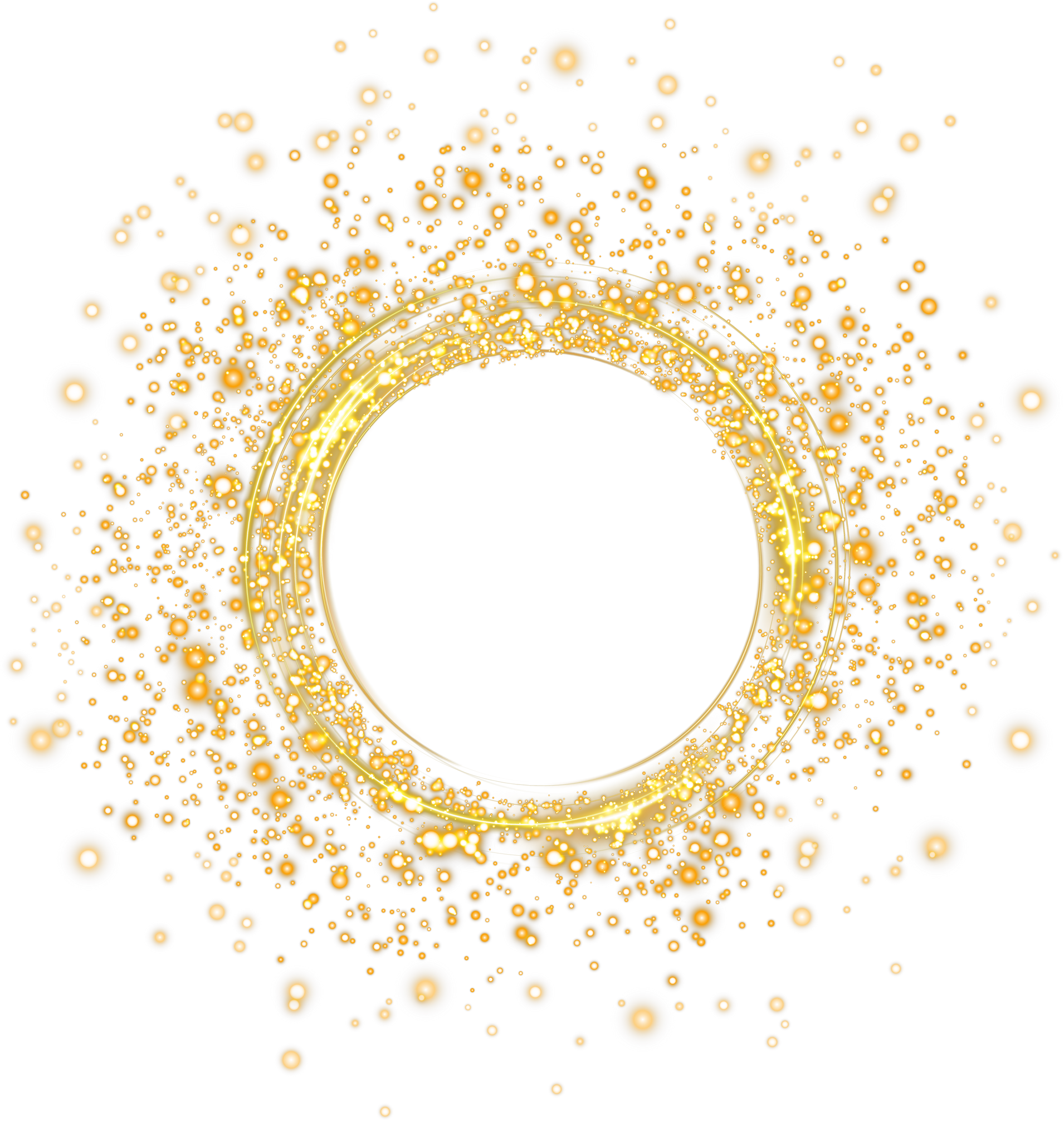 Yellow magical fantasy portal. Round light frame, futuristic teleporter. Lighting effect. Golden neon lights illuminate night scene with sequins. Golden neon ring. Round shape with small particles of golden dust and lights, shiny frame.